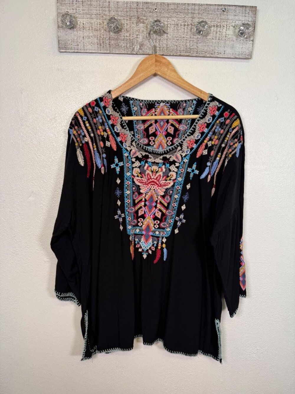 Boho Black Rayon Embroidered Top Colorful Tribal Design 3/4 Sleeves Size XXL